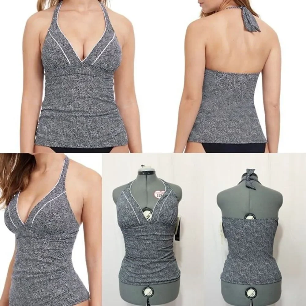 Profile By Gottex NWT Sz 12 Black White Colette V-Neck Halter Tankini Swim Top